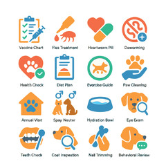 Veterinary care icon collection: simple animal health, flea, vaccine, paw, pill, heart, linear