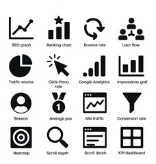 Analytics icon collection: seo graph, ranking, user flow, kpi dashboard, silhouette