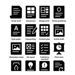 Creative documentation icon collection: simple linear icons for draft, design brief, storyboard, guidelines,