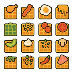 Savory waffle icon collection: bacon, egg, cheese, avocado, spice, flat style