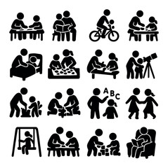 Parent-child activity icon collection: silhouette style for play, reading, teaching, cycling, and more