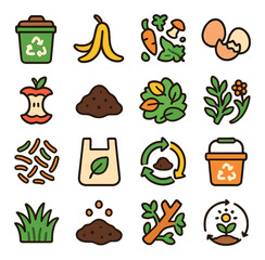 Organic recycling icon collection. composting and waste simple icons: bin, banana, leaves, cycle