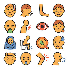Infection symptoms icon collection. health alert flat icons: fever, cough, rash, fatigue, diarrhea, vomiting, eye, joint pain
