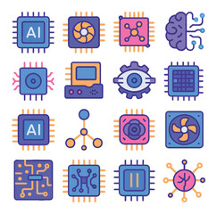 Ai hardware icon collection. neural, motherboard, processor, chip, network simple flat