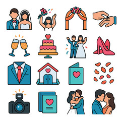 Modern wedding icon collection. simple wedding linear icons: bride, groom, cake, rings, and more