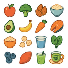 Nutritious food icon collection. healthy diet flat icons. apple, broccoli, almonds, rice, avocado, banana, carrot, salmon