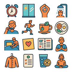 Healthy morning icon collection: simple lifestyle, exercise, yoga, breakfast, routine, linear