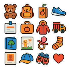 Children's belongings icon collection. lost items flat style: teddy, backpack, shoes, pacifier, jacket, heart