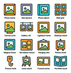 Framing display icon collection. simple wall, photo frame, album, grid, hanging, book