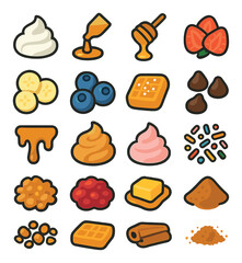 Waffle toppings icon collection. sweet and simple flat icons: cream, syrup, honey, berries, butter