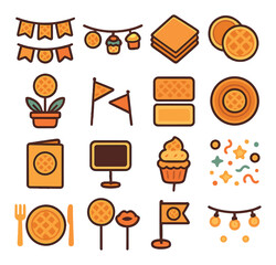 Waffle day icon collection. breakfast, celebration in flat style. waffle, cupcake, banner, flag