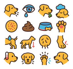 Dog health icon collection. simple canine health flat icons: vomiting, eye, paw, food, flea, ear, poop
