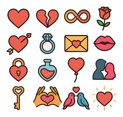 Modern love icon collection. simple romantic symbols - heart, rose, ring, kiss, key