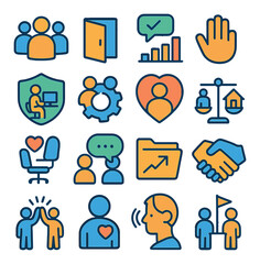 Supportive workplace icon collection. office communication, team, balance, growth flat