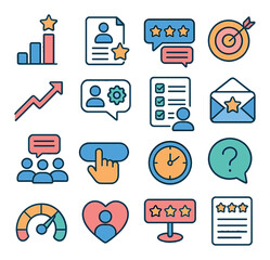 Employee feedback icon collection: simple linear style. chart, star, chat, document, heart, arrow, target