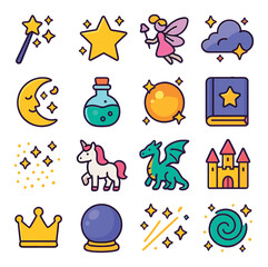 Fairy tale magic icon collection. mystical, fantasy, simple icons: wand, star, fairy, moon, potion, unicorn, dragon, castle, book