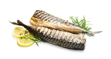 Tasty roasted mackerels with spices isolated on white. Homemade seafood dish