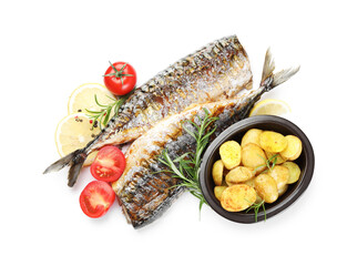 Tasty roasted mackerels with spices and vegetables isolated on white, top view. Homemade seafood dish.