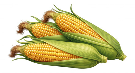 Three ripe yellow corn cobs with green husks and silky tassels arranged closely together isolated on transparent background