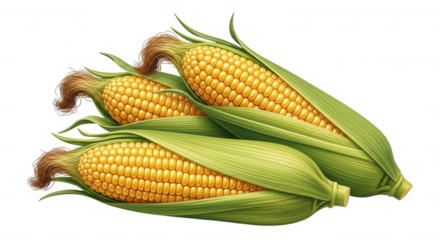 Three ripe yellow corn cobs with green husks and silky tassels arranged closely together isolated on transparent background