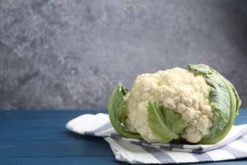 Whole raw cauliflower on blue wooden table. Space for text