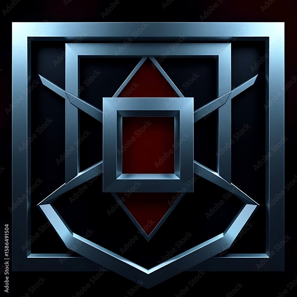 Fototapete a modern geometric composition with metallic frames and a red triangle accent in the center