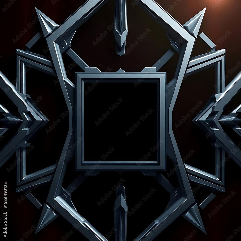 Poster A futuristic geometric design showcases a metallic square frame with sharp angular extensions