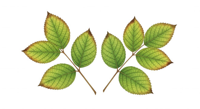 Two delicate green leaves with serrated edges and browning tips isolated on transparent background