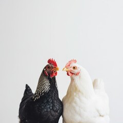 Fototapeta premium Black and white chickens standing together indoors