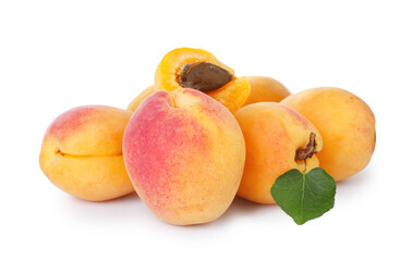 Fresh ripe apricots with green leaf isolated on white