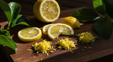 Lemons and Zest on a Cutting Board with Green Leaves
