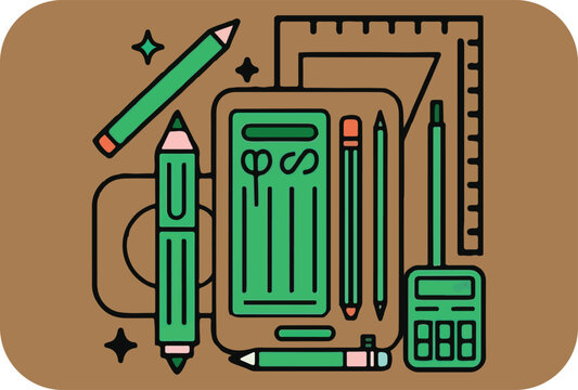 A whimsical illustration featuring a collection of school supplies including pencils a ruler and a calculator arranged in a playful composition against a warm brown background