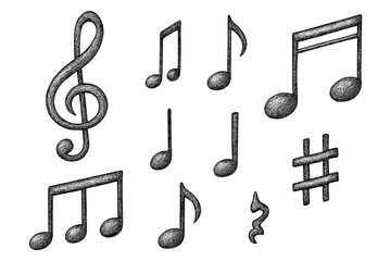 Hand-drawn musical notes sketch collection. Music symbols doodle illustration. Treble clef, sharp, eighth note icons set for composition, melody, harmony, sound design.