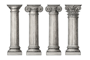 Antique columns engraving vector illustration. Set of classical architectural orders. Doric, Ionic, Corinthian pillars. Ancient Greek and Roman historical design elements.