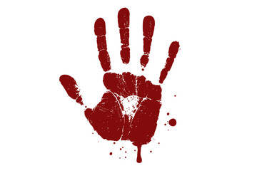 Bloody handprint vector illustration. Horror, scary, crime scene concept with red blood stain, drip, and splatter. Grunge dirty fingerprint isolated for Halloween design.