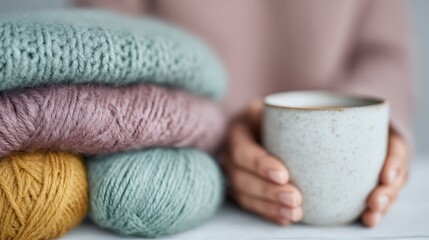 Person is holding a mug of coffee while surrounded by a pile of yarn