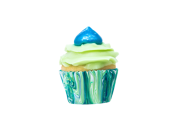 a cupcake with a blue and green frosting