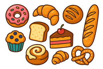 Set of cute cartoon bakery products. Colorful vector icons of pastry, bread, and sweets. Donut, croissant, cake, muffin, baguette isolated for graphic design elements.