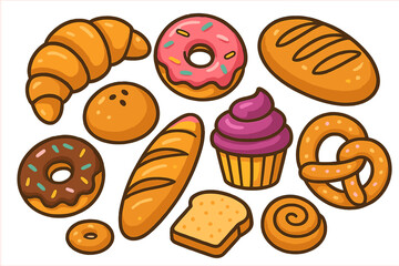 Assorted Cartoon Bakery Pastries and Breads Vector Set. Croissant, Donut, Cupcake, Pretzel, Baguette, Loaf, Bun, Toast, Cinnamon Roll, Sweet and Savory Baked Goods Clipart on Transparent Background