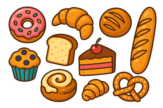 Set of cute cartoon bakery products. Colorful vector icons of pastry, bread, and sweets. Donut, croissant, cake, muffin, baguette isolated for graphic design elements.