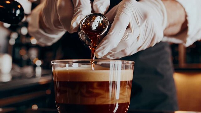 barista wearing sleek black gloves presses flavored syrup into espresso with professional care demonstrating precision coffee craftsmanship and the subtle art of beverage personalization in modern