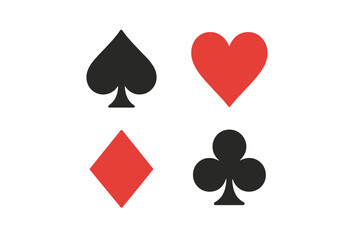 Set of playing card suit icons. Vector symbols for hearts, spades, diamonds, and clubs. Classic design elements for poker, casino games, gambling, and betting concepts.