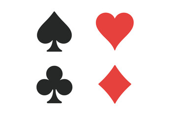 Complete set of playing card suits icons. Includes hearts, diamonds, clubs, and spades symbols. Flat vector design elements for casino, poker, or gambling-themed projects.