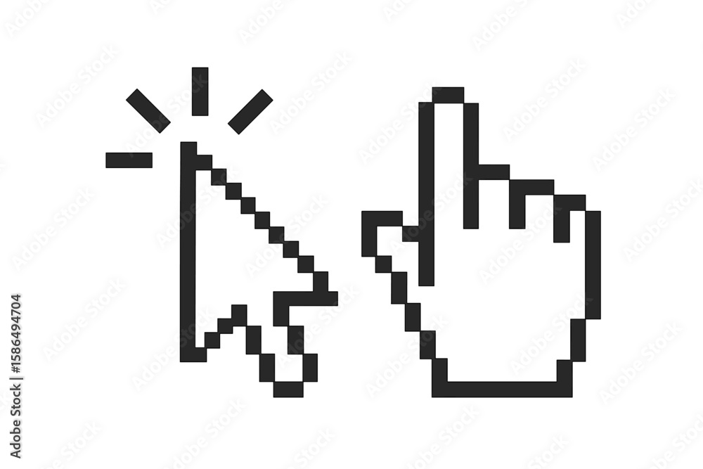 Fototapete pixelated mouse cursors set with hand and arrow. computer pointers with click effect for web interfa