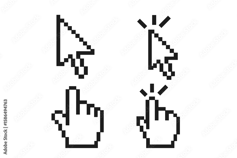 Fototapete cursor icon set in pixel art style. vector illustration of mouse pointers, including arrow and hand 