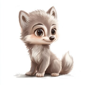 Charming Cartoon Wolf Pup Sitting with Large Eyes on White Background
