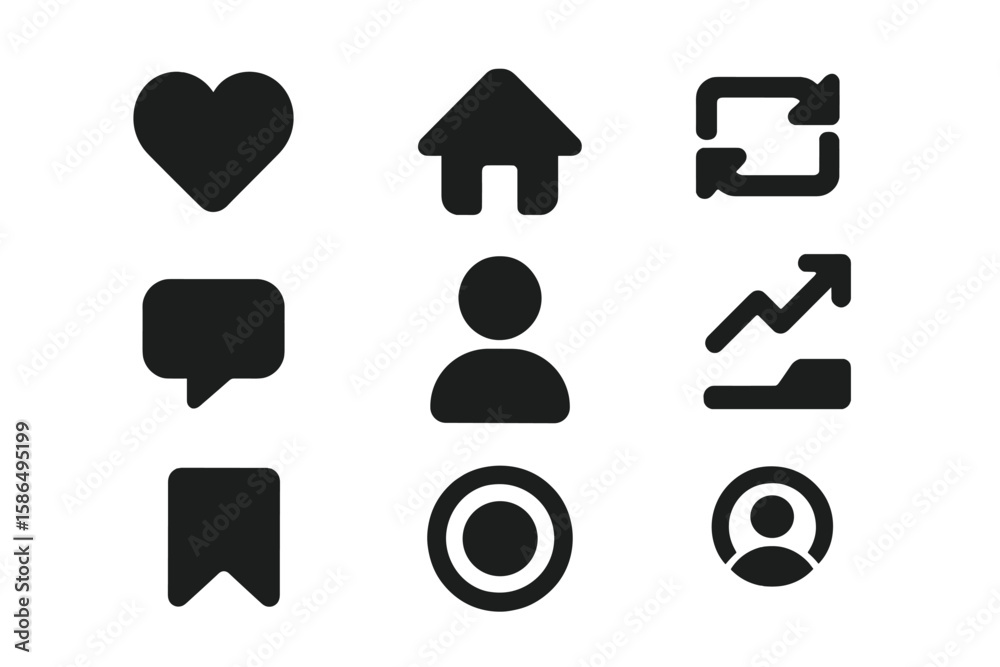 Wall mural heart like love home repost comment follower share save user story button icon set. social media not