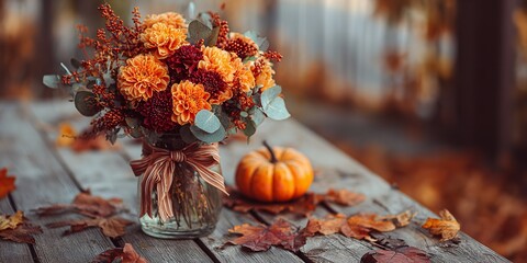 Autumn Floral Bouquet with Pumpkin Vase and Ribbon on Wooden Table with Fall Leaves – Seasonal Greeting Card Background