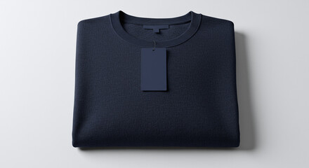 Folded navy blue sweater with tags on white background