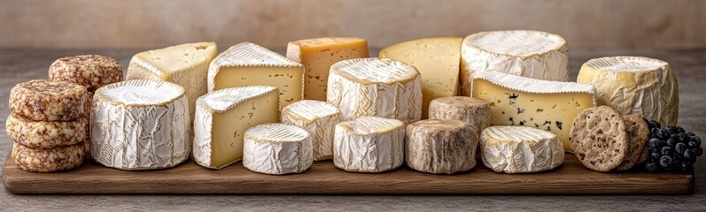 Many different types of cheese on a wooden board food background banner